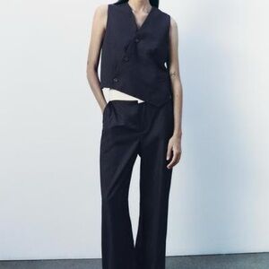 Blue Tailored Wide-Leg Pants with Foldover Waist